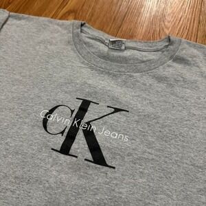 Calvin Klein Men's Shirt 90s Vintage Spellout Logo Gray Boxy Size L/XL